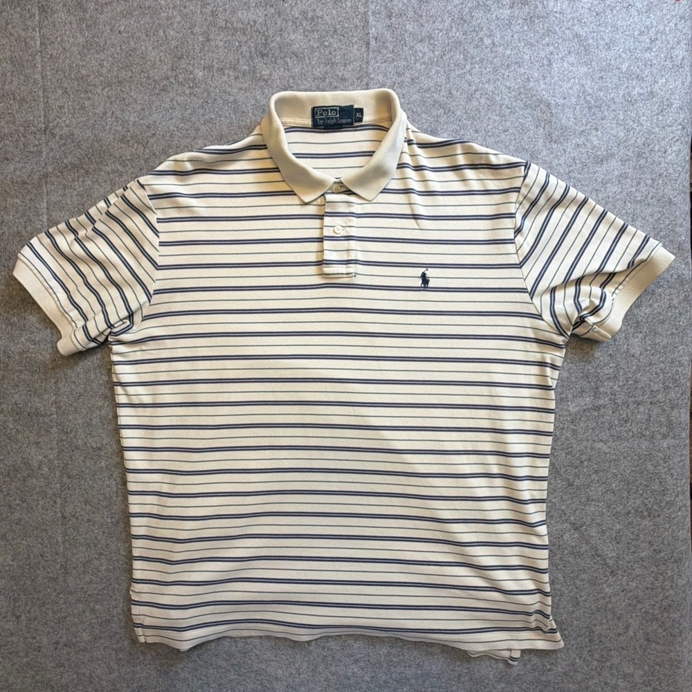 Polo Ralph Lauren Men's Polo Shirt Cream Navy Green X-Large Cotton Striped Rugby